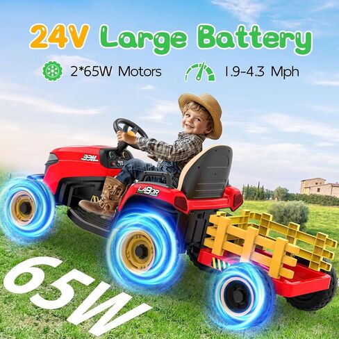 ANPABO 24V Ride On Tractor w/Tiltable & Detachable Trailer, EVA Tires, Up to 4.3Mph, Ride On Toys with Parental Remote, Realistic Tractor Sound & Chimney, Music Player, LED Light, Blue in Saudi Arabia