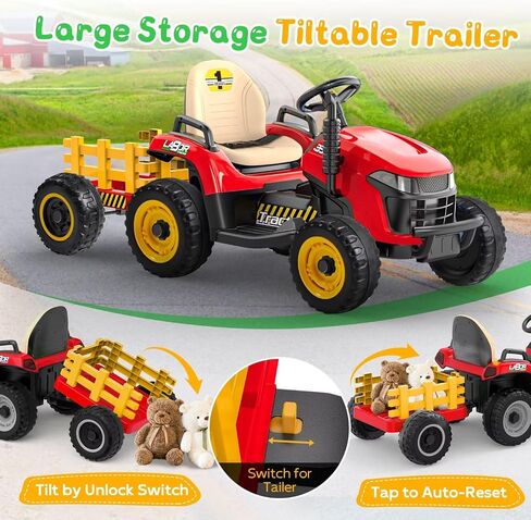 ANPABO 24V Ride On Tractor w/Tiltable & Detachable Trailer, EVA Tires, Up to 4.3Mph, Ride On Toys with Parental Remote, Realistic Tractor Sound & Chimney, Music Player, LED Light, Blue in Saudi Arabia