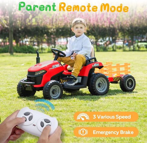 ANPABO 24V Ride On Tractor w/Tiltable & Detachable Trailer, EVA Tires, Up to 4.3Mph, Ride On Toys with Parental Remote, Realistic Tractor Sound & Chimney, Music Player, LED Light, Blue in Saudi Arabia