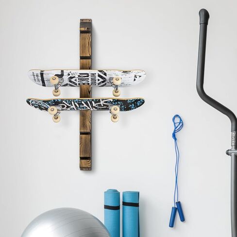 MyGift Skateboard Wall Mount Storage Rack, Vintage Gray Solid Wood Hanging Display Organizer for Cruiser Boards, Skateboards, Penny Boards, Longboards - Holds 6 Boards in Saudi Arabia