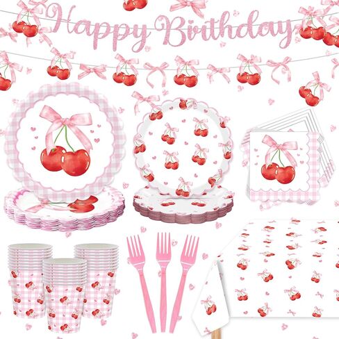 Cherry Party Decorations - Cherry Birthday Decorations Serves 24 Includes Cherry Paper Plates, Napkins, Cups, Forks, Tablecloth, Banner, for Cherry Themed Party Decorations in Kuwait