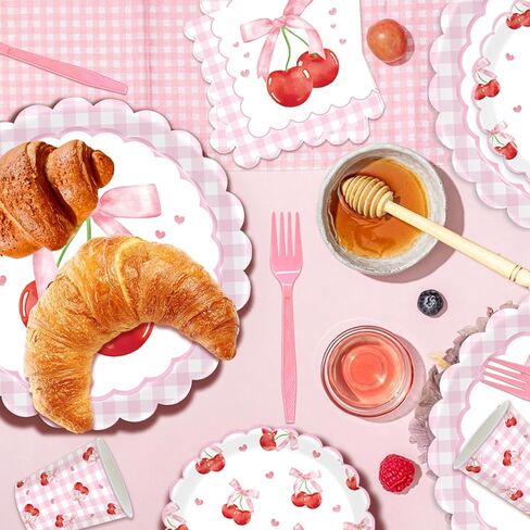 Cherry Party Decorations - Cherry Birthday Decorations Serves 24 Includes Cherry Paper Plates, Napkins, Cups, Forks, Tablecloth, Banner, for Cherry Themed Party Decorations in Kuwait