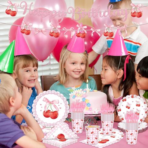 Cherry Party Decorations - Cherry Birthday Decorations Serves 24 Includes Cherry Paper Plates, Napkins, Cups, Forks, Tablecloth, Banner, for Cherry Themed Party Decorations in Kuwait