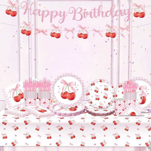 Cherry Party Decorations - Cherry Birthday Decorations Serves 24 Includes Cherry Paper Plates, Napkins, Cups, Forks, Tablecloth, Banner, for Cherry Themed Party Decorations in Kuwait