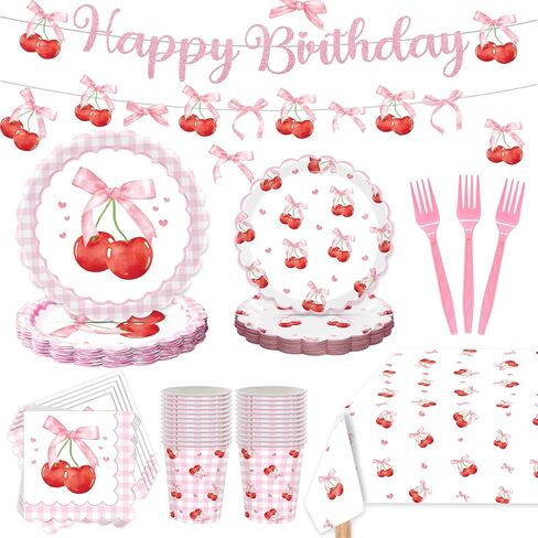 Cherry Party Decorations - Cherry Birthday Decorations Serves 24 Includes Cherry Paper Plates, Napkins, Cups, Forks, Tablecloth, Banner, for Cherry Themed Party Decorations in Kuwait