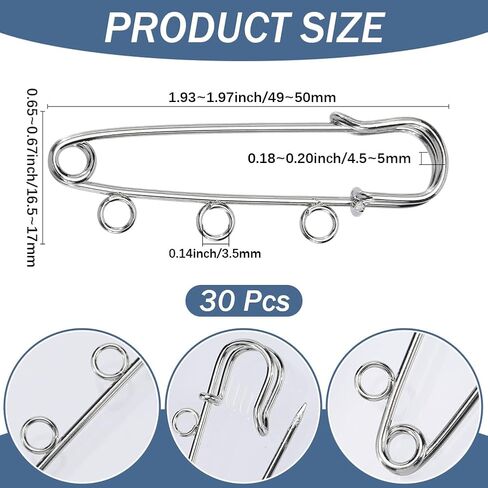 SUNNYCLUE 1 Box 30Pcs 3 Hole Safety Pin Silver Kilt Pin Bulk Metal Iron Heavy Duty Fastener Decoration Loops Clasp Brooches Findings for Sewing Blanket Clothes Scarf Skirt DIY Jewelry Accessories in Kuwait