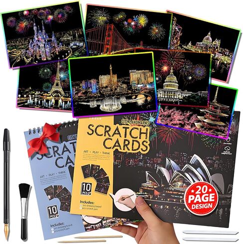 20 PCS Cityscape Scratch Art Book for Teen & Adults: DIY Colorful City Series Painting Paper | ASMR Stress-Relief Engraving Kit Scratchboard | DIY Sketch Card Creative Craft Toy (Rainbow Landmarks) in Kuwait