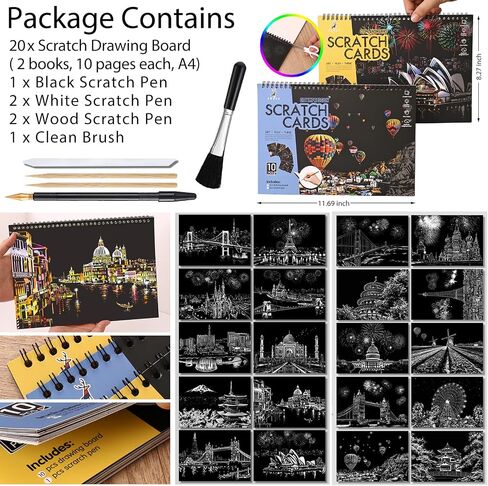 20 PCS Cityscape Scratch Art Book for Teen & Adults: DIY Colorful City Series Painting Paper | ASMR Stress-Relief Engraving Kit Scratchboard | DIY Sketch Card Creative Craft Toy (Rainbow Landmarks) in Kuwait