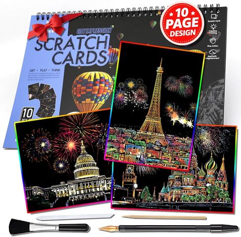 20 PCS Cityscape Scratch Art Book for Teen & Adults: DIY Colorful City Series Painting Paper | ASMR Stress-Relief Engraving Kit Scratchboard | DIY Sketch Card Creative Craft Toy (Rainbow Landmarks) in Kuwait