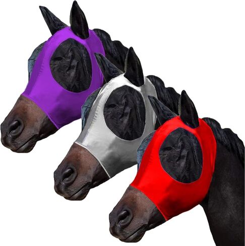 Foxlvda 3 PCS Horse Fly Mask-أقنعة ذبابة للخيول ذات الأذنين ، ونسيج تمدد التنفس مع حماية الأشعة فوق البنفسجية والشمس للخيول البالغة الكبيرة/المتوسطة (الأرجواني الأرجواني ، الكبير) in Kuwait