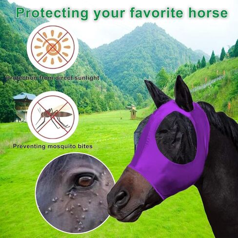 Foxlvda 3 PCS Horse Fly Mask-أقنعة ذبابة للخيول ذات الأذنين ، ونسيج تمدد التنفس مع حماية الأشعة فوق البنفسجية والشمس للخيول البالغة الكبيرة/المتوسطة (الأرجواني الأرجواني ، الكبير) in Kuwait