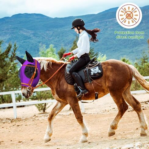 Foxlvda 3 PCS Horse Fly Mask-أقنعة ذبابة للخيول ذات الأذنين ، ونسيج تمدد التنفس مع حماية الأشعة فوق البنفسجية والشمس للخيول البالغة الكبيرة/المتوسطة (الأرجواني الأرجواني ، الكبير) in Kuwait