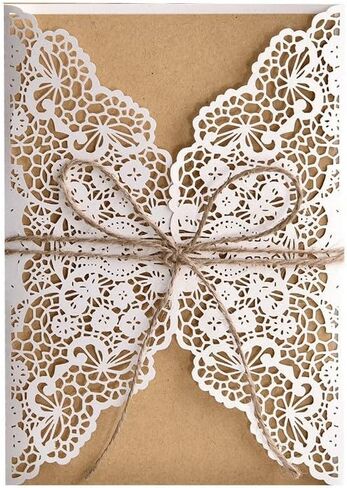 20 Pack Wedding Invitation Floral Laser Cut with Blank Inner Sheet,Brown Envelopes and Jute Ribbons for Party Wedding Engagement Bridal Bridal Shower Invite,4.9'' x 7'' (Brown) in Saudi Arabia