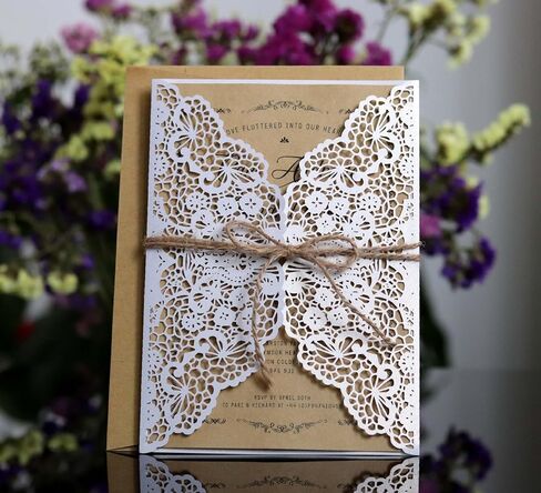 20 Pack Wedding Invitation Floral Laser Cut with Blank Inner Sheet,Brown Envelopes and Jute Ribbons for Party Wedding Engagement Bridal Bridal Shower Invite,4.9'' x 7'' (Brown) in Saudi Arabia
