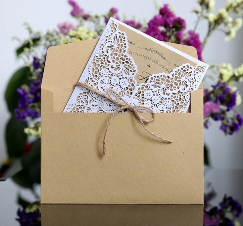 20 Pack Wedding Invitation Floral Laser Cut with Blank Inner Sheet,Brown Envelopes and Jute Ribbons for Party Wedding Engagement Bridal Bridal Shower Invite,4.9'' x 7'' (Brown) in Saudi Arabia
