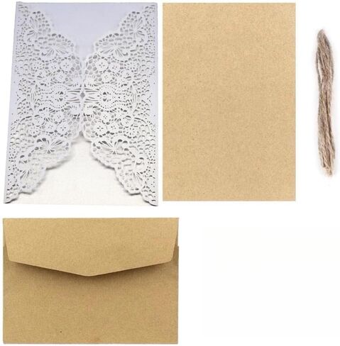 20 Pack Wedding Invitation Floral Laser Cut with Blank Inner Sheet,Brown Envelopes and Jute Ribbons for Party Wedding Engagement Bridal Bridal Shower Invite,4.9'' x 7'' (Brown) in Saudi Arabia