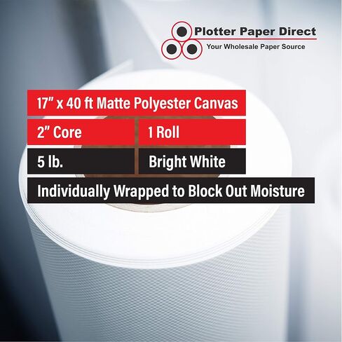 Plotter Paper Direct Premium Polyester Matte Canvas Roll, Quick Dry, Wide Format Inkjet Printer Compatible, Perfect for Fine Art, Photography, Archival Quality Prints. (17"x40' 280gsm Polyester) in Kuwait