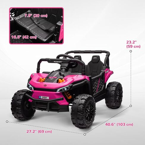 QABA 12V Kids UTV ، ركوب بطارية على الشاحنة ، سيارة كهربائية على الطرق الوعرة 3.7 ميل في الساعة مع التحكم عن بعد ، تعليق 4 عجلات ، المصابيح الأمامية LED ، 3 سرعات ، القرن والموسيقى ، للبنين والبنات ، الوردي in Kuwait