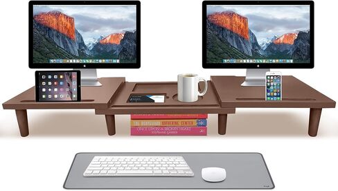 Dual Monitor Stand Riser - Solid Wood 3 Panels Laptop Riser with Storage for Phone/Mug - Home/Office Desk Organizer with Adjustable Length & Angle - Modern Computer Stand for PC, Laptop, & more (Brown) in Saudi Arabia