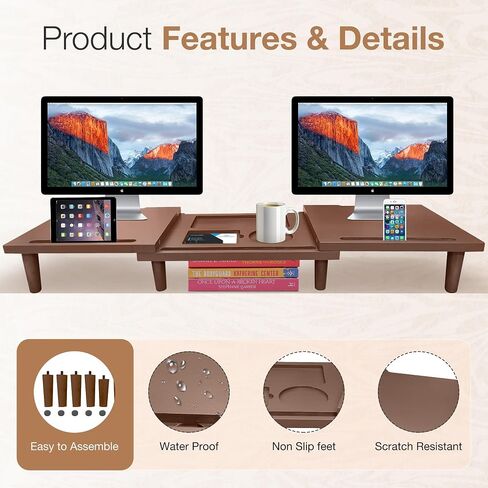 Dual Monitor Stand Riser - Solid Wood 3 Panels Laptop Riser with Storage for Phone/Mug - Home/Office Desk Organizer with Adjustable Length & Angle - Modern Computer Stand for PC, Laptop, & more (Brown) in Saudi Arabia