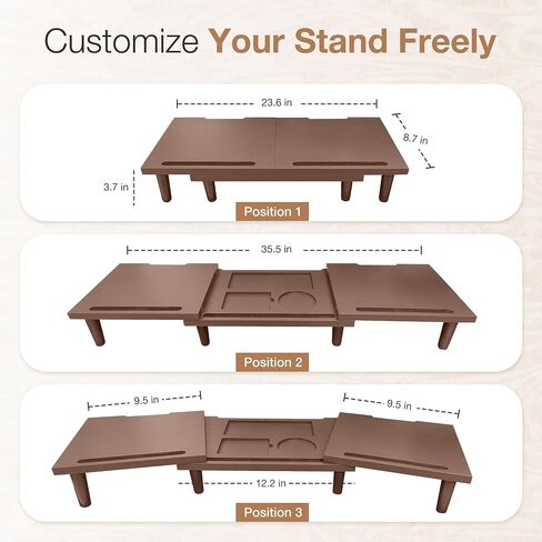 Dual Monitor Stand Riser - Solid Wood 3 Panels Laptop Riser with Storage for Phone/Mug - Home/Office Desk Organizer with Adjustable Length & Angle - Modern Computer Stand for PC, Laptop, & more (Brown) in Saudi Arabia