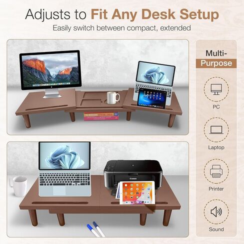 Dual Monitor Stand Riser - Solid Wood 3 Panels Laptop Riser with Storage for Phone/Mug - Home/Office Desk Organizer with Adjustable Length & Angle - Modern Computer Stand for PC, Laptop, & more (Brown) in Saudi Arabia