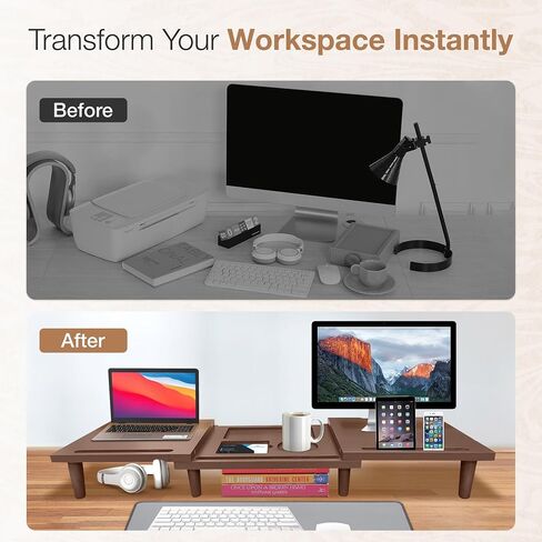 Dual Monitor Stand Riser - Solid Wood 3 Panels Laptop Riser with Storage for Phone/Mug - Home/Office Desk Organizer with Adjustable Length & Angle - Modern Computer Stand for PC, Laptop, & more (Brown) in Saudi Arabia
