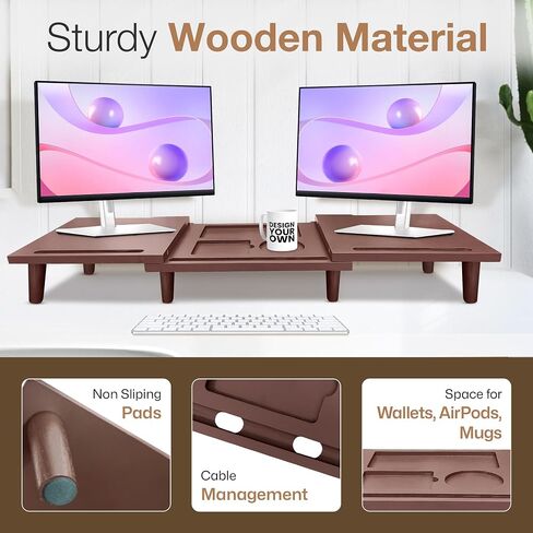 Dual Monitor Stand Riser - Solid Wood 3 Panels Laptop Riser with Storage for Phone/Mug - Home/Office Desk Organizer with Adjustable Length & Angle - Modern Computer Stand for PC, Laptop, & more (Brown) in Saudi Arabia