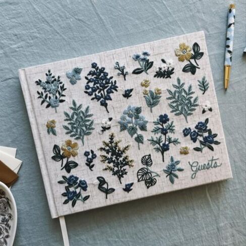 شركة RIFLE PAPER CO. كتاب الزوار من القماش المطرز Wildwood | غلاف صلب مغلف بقطعة قماش كتاب وعلامة مرجعية بشريط Grosgrain، (تجليد مسطح، 144 صفحة مسطرة بحبر ذهبي معدني، 8 بوصة طول × 5.75 بوصة عرض) in Kuwait
