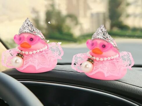 wonuu Car Rubber Duck Decoration Cute Pink Car Accessories Car Ducks for Dashboard with Dress Loveglasses Necklace, Lace Skirt in Kuwait