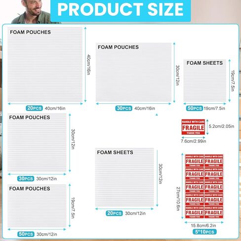 AOBOPLE 250 Pack Moving Packaging Supplies,5 Sizes Cushion Foam Pouch (16x16",16x12",12x12",12x7.5",7.5x7.5") with 12x12" Foam Wrap Sheets,Packing Supplies to Protect Dishes,Photo Frame,Glasses,china in Kuwait