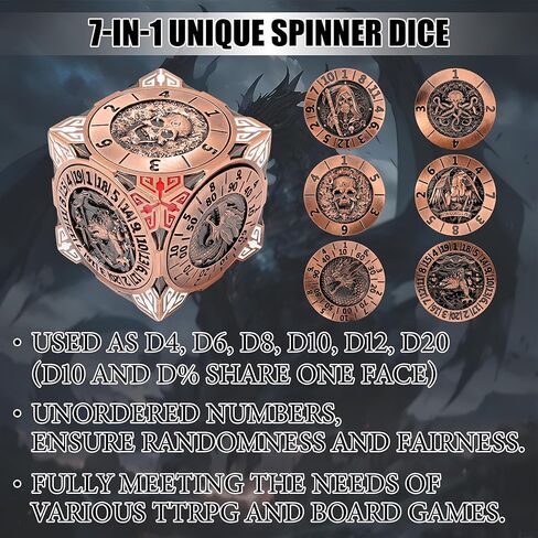 Roulette Dice Spinner 7-in-1 Metal DND Dice Set with 3D Relief – Mechanical DND Spinner for Dungeons and Dragons Gifts, DM & Players(Ancient Gold) in Kuwait