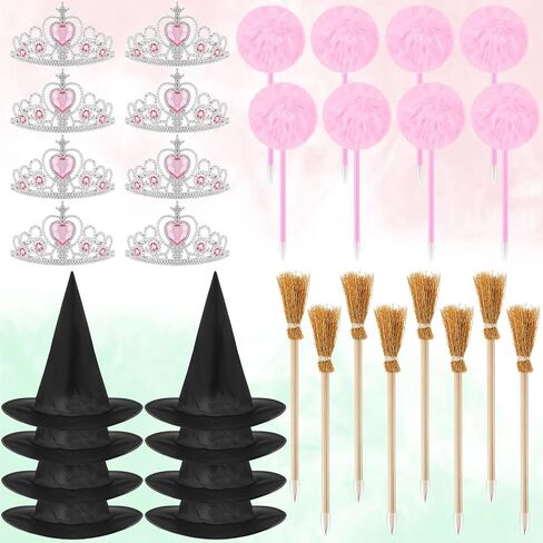 32 Pcs Witch and Princess Party Favors 8 Witch Hats 8 Princess Crowns 8 Pcs Star Pens and 8 Pcs Broom Pencils Decoration for Party Supplies Dress up Costume Cosplay Gift in Saudi Arabia