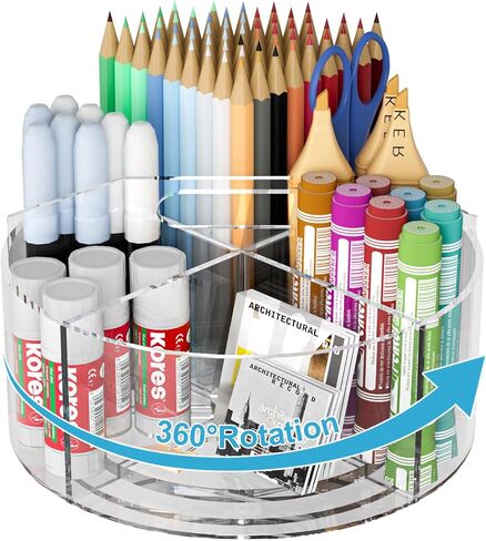 360-degree Rotating Clear Pen Organizer with 6 Compartments, Acrylic Pen Holder with Handle for Desk, Art Supply Organizer for Markers, Paints, and Brushes in Saudi Arabia
