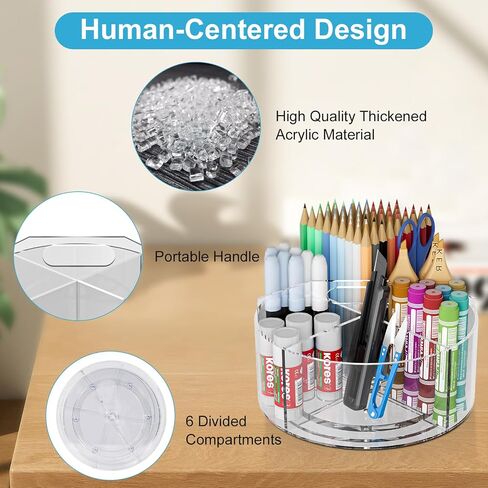 360-degree Rotating Clear Pen Organizer with 6 Compartments, Acrylic Pen Holder with Handle for Desk, Art Supply Organizer for Markers, Paints, and Brushes in Saudi Arabia