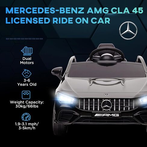 QABA Mercedes-Benz AMG CLA 45 مرخصة من سيارة 12V Kids Carep ، ركوب بالطاقة البطارية على سيارة مع التحكم عن بعد ، عجلات النقل ، تعليق الربيع ، مصابيح LED ، قرن الموسيقى ، أبيض in Saudi Arabia