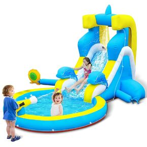 Culaluva Inflatable Water Slide: 4 in 1 Blow up Bounce House Dolphin Style for Kids 3-12 - Splash Pool Climbing Wall Cannon 370W Blower - Outdoor Backyard Birthday Party