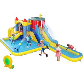 Qaba Inflatable Water Slide Park, Kids Bounce House 6 in 1 with 550W Blower, Splash Pools, 2 Slides, Trampoline, Climbing Wall, Cannon, Basketball Hoop, for Backyard, Party