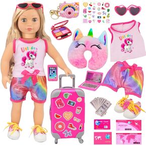 18inch American Doll Clothes and Accessories, Including Travel Suitcase, Clothes, Shoes, Sunglasses, Camera, Passport, Stickers,Phone Travel Gear Play Sets