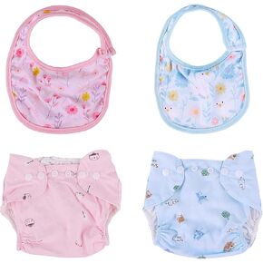 BABESIDE 4 Pcs Reborn Doll Clothes and Doll Accessories Set for 17-22 Inch Doll, Reusable Doll Bib and Doll Diaper, for 17-22 Inch Lifelike Dolls, Great for Kids Pretend Play , Blue and Pink