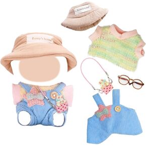 3 Pcs Handmade Clothes and Accessories for 17 cm Dolls Including 1 Overall 1 T-Shirt 1 Hat 1 Glasses 1 Bunny Pendant Premium Stylish Doll Clothes Replacement Present for Girls (NO Doll) Colorful