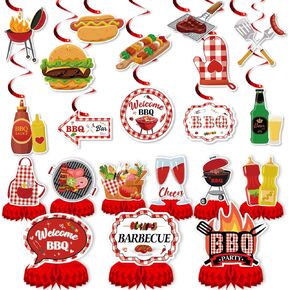 21pcs BBQ Party Decorations BBQ Table Centerpieces Hanging Swirls BBQ Baby Shower Birthday Decorations Summer Picnic Party Hanging Decor Barbecue Themed Party Supplies for Summer Birthday Picnic, Red