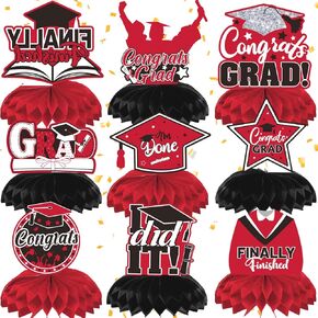 Graduation Decorations Class of 2025, 9 Pcs Black and Red Graduation Honeycomb Centerpieces, Table Decoration Middle High School College Graduation Party Supplies