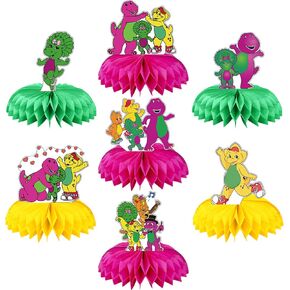 Barney Party Decorations Honeycomb Centerpiece, 7 Pieces Barney Purple Dinosaur Theme 3D Double Side Cake Toppers Table Centerpieces, Barney Photo Backdrop for Fans Birthday Party Decorations