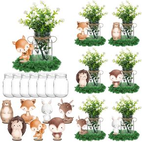 7 Set 23 Pcs Woodland Animals Baby Shower Table Centerpieces Wooden Forest Animal Cutout Mason Jar Vase Artificial Flowers Faux Moss with Twine for Woodland Creature Birthday Party Decor