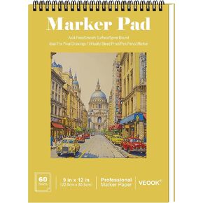 VEOOK Marker Pad, 60 Sheets, 80lb/120gsm 9" x 12" Dual Sided Painting Marker Paper, Acid Lignin Free Bleedproof Professional Grade Sketch Book for Drawing(PP-07)