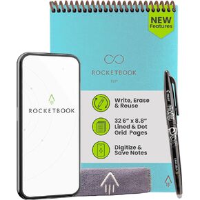 Rocketbook Flip Smart Smart Notepad ، Top Bound Boid Book Size 6 × 8.8 ، الصفحات السوداء المبطنة والمنقطة ، متصلة بالتطبيقات ، قابلة للمحو ، مثالية لليمين واليمين