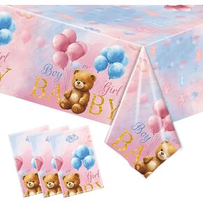 3 Pcs Bear Baby Shower Tablecloths Gender Reveal Party Supplies Rectangle Plastic Bear Tablecloths for Baby Shower Gender Reveal Party Decorations (54x108in)