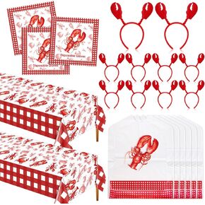 112 Pcs Seafood Crawfish Boil Party Supplies with 50 Crab Lobster Bibs 50 Disposable Gloves 10 Crab Headbands 2 Lobster Tablecloth 108 x 54 Inches Disposable Accessories for Seafood Party