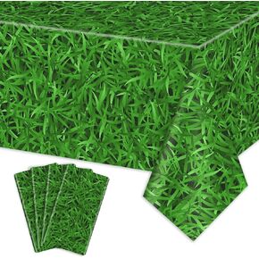 4 Pcs Green Grass Tablecloths, 51 x 86 inch Green Plastic Tablecloth Grass Table Covers for Golf Party Decorations Woodland Baby Shower Decorations